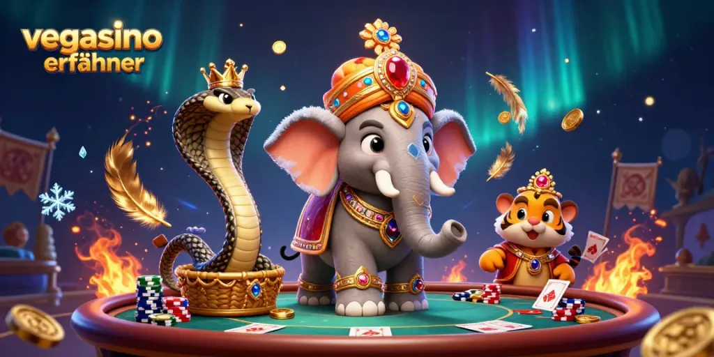 Experience thrilling vegasino erfahrungen with a vibrant 3D casino scene featuring a maharaja and elephant.