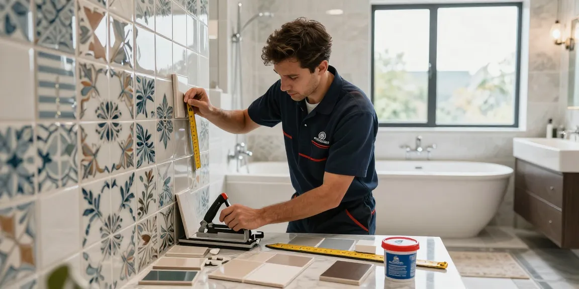 Professioneller Fliesenleger in Heidelberg verlegt Badfliesen mit präzisem Handwerk und modernen Materialien.