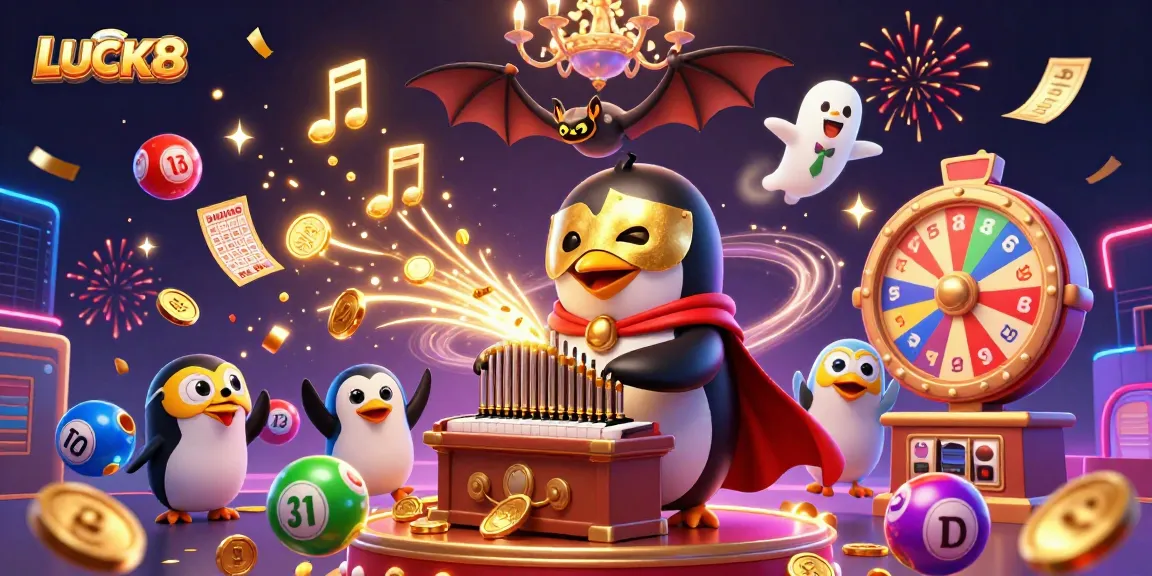 Experience the excitement of LUCK8 as a phantom penguin plays a golden organ amid lottery balls and prizes.