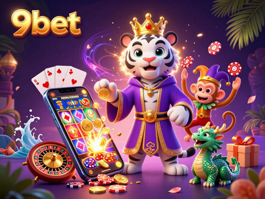Experience the thrill of gambling with 9bet's vibrant casino illustration featuring a royal tiger and playful monkey.