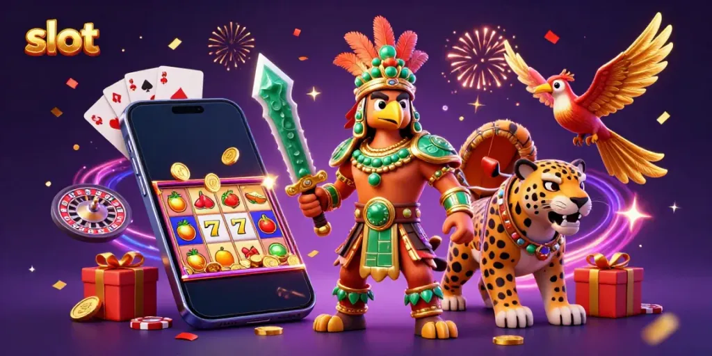 Experience the thrill of slot gaming with vibrant 3D imagery of warriors and magical elements.