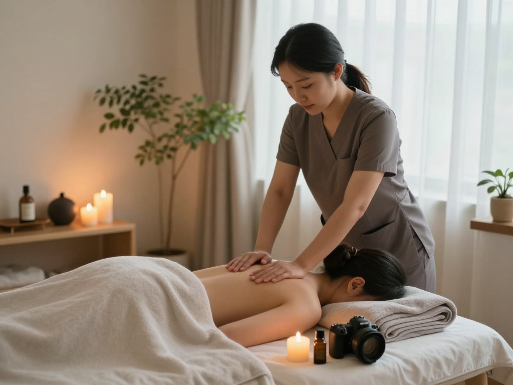 Relaxing 강서구출장마사지 session in a tranquil wellness room, serene ambiance with essential oils and soft lighting