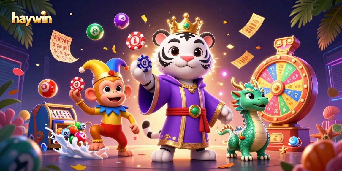 Experience excitement with haywin's vibrant casino adventure, featuring animated characters and colorful lottery elements.