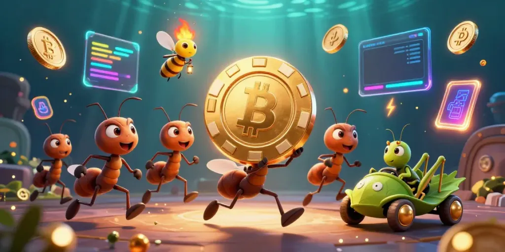 Experience the vibrant excitement of 32WIN with ants on a heist carrying a giant poker chip, set in a colorful casino world.