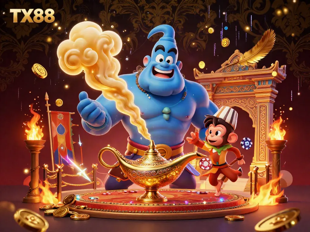 Engage with TX88 by exploring a vibrant online casino scene featuring a magical genie and colorful gaming elements.