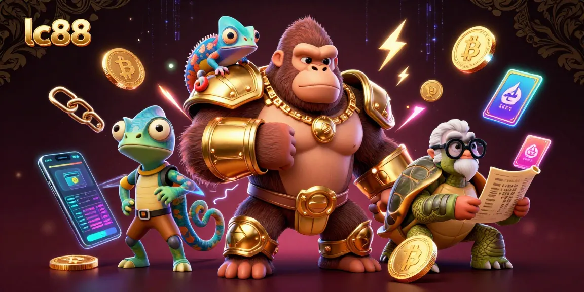 Engage with lc88's thrilling gameplay illustrated by a powerful gorilla king amidst vibrant casino elements.