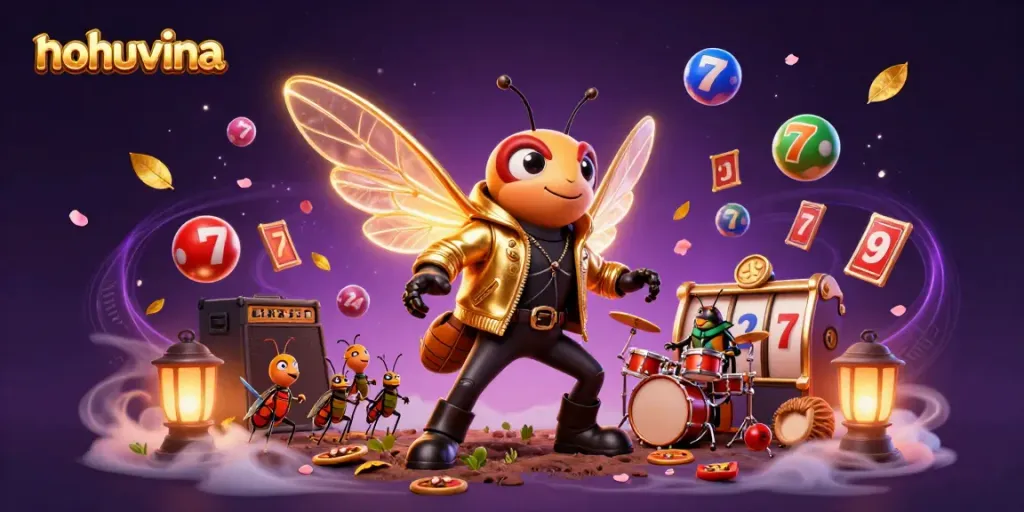 Nohuvina brings excitement with a vibrant scene of a cicada rock star, slot reels, and colorful lottery elements.