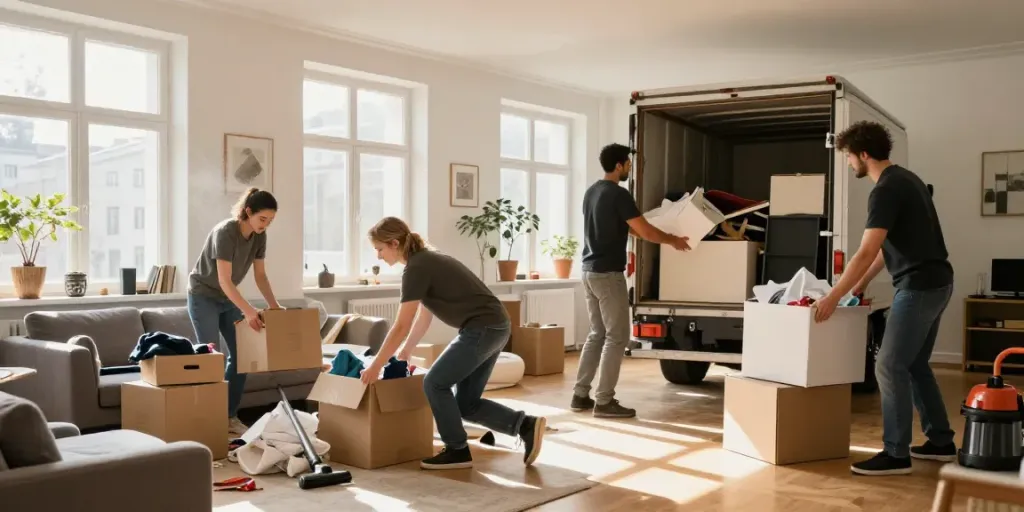 Hausentrümpelung Wien: Professionelles Team arbeitet an der Entrümpelung eines Wohnzimmers in Wien.