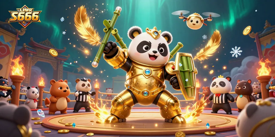 LINK S666 showcases a vibrant 3D fight scene with a golden panda in mech-suit battling amidst cheering spectators.