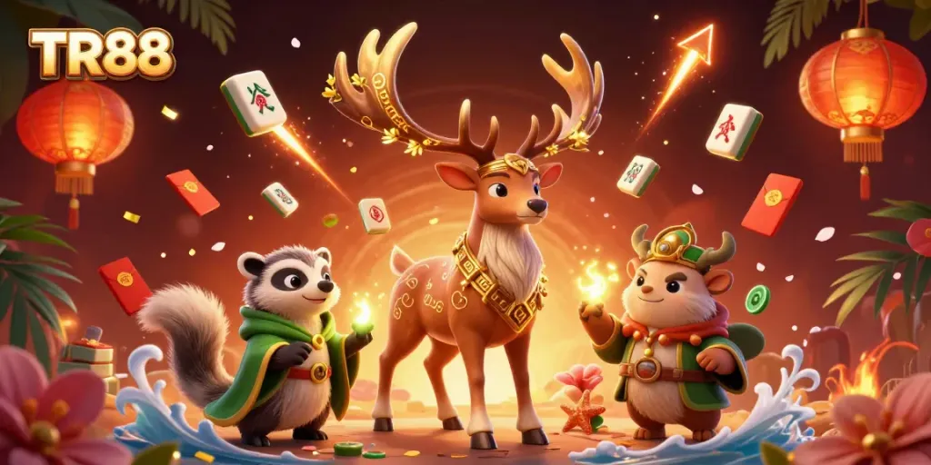 Immerse in TR88's dynamic casino scene featuring enchanting characters and vibrant gaming elements.