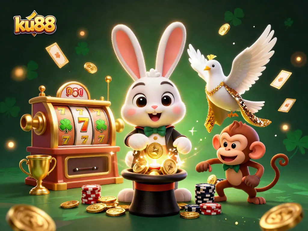 Experience the excitement of ku88 as a magical rabbit reveals golden coins amidst dynamic casino-themed elements.