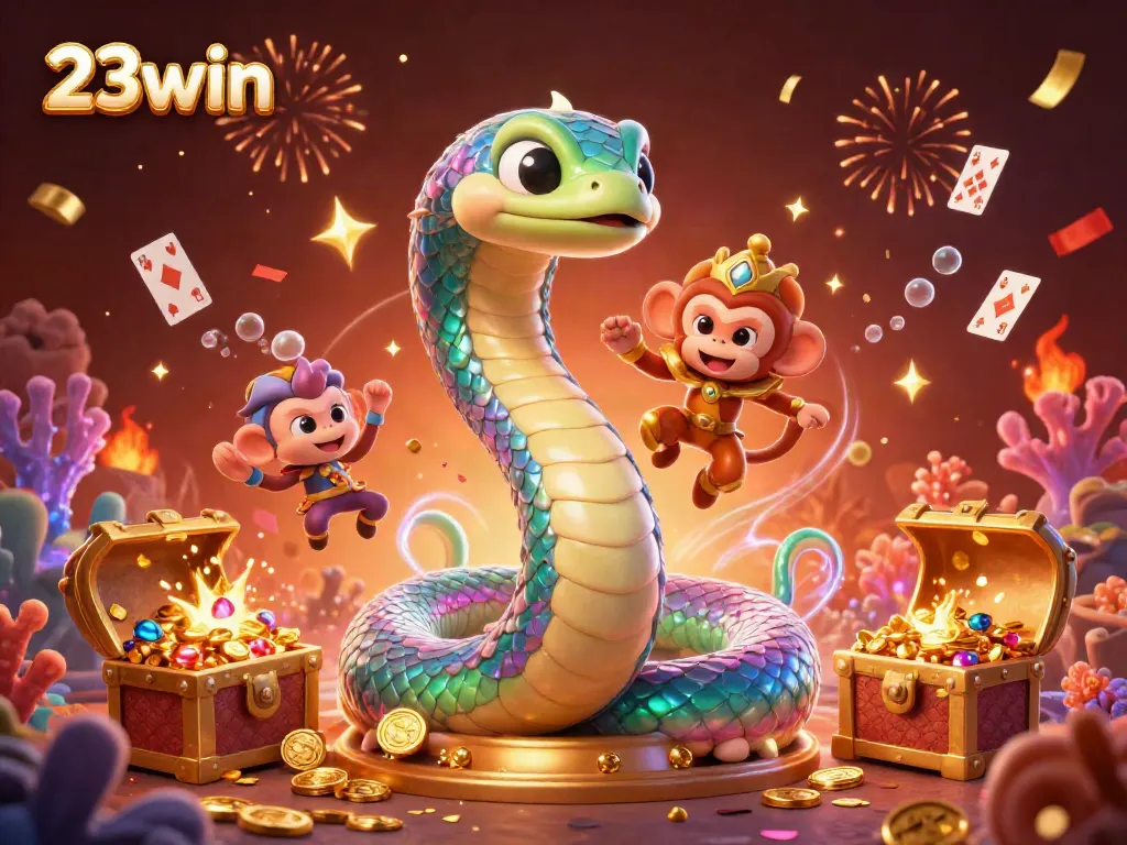 Experience the vibrant world of 23win with a rainbow serpent and monkey king, amidst treasure and glamour.