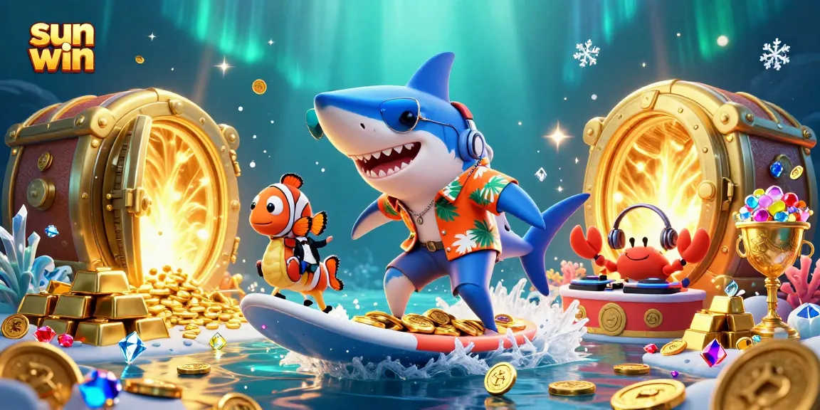 Experience the sun win adventure with colorful casino-themed 3D characters surfing on gold coins and jewels.