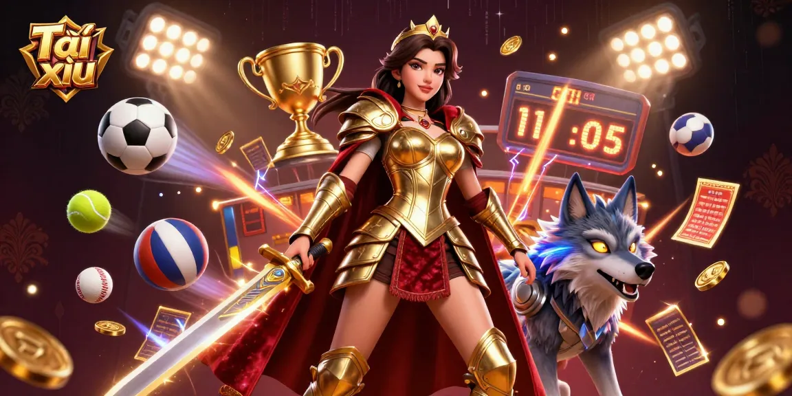 Tài xỉu game scene featuring a warrior queen and armored wolf amidst dynamic casino elements