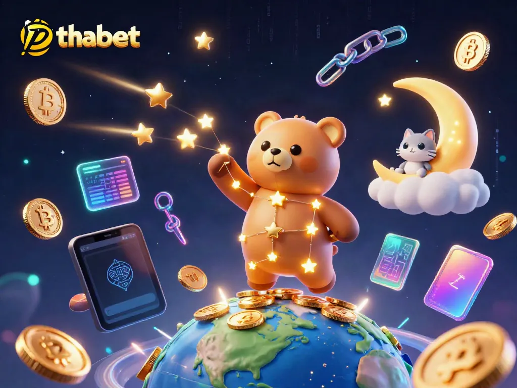 Experience thrilling wins with thabet, featuring a golden star bear and vibrant gaming symbols.