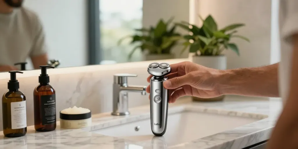 Laifen Elektrorasierer auf einem eleganten Marmortisch in stilvollem Badezimmer während der Morgenroutine.