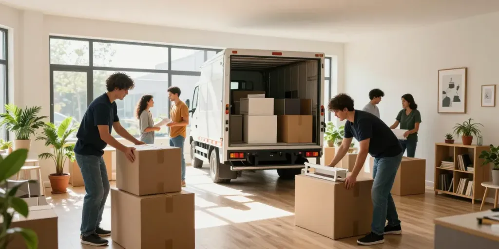 Professionelles Team bei der Wohnungsauflösung in Berlin Friedrichshain mit Umzugskartons und Möbeln im Raum.