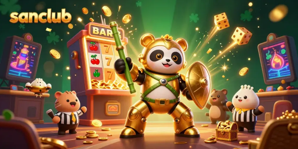 Experience thrilling gameplay at sanclub with a dynamic casino scene featuring a golden panda robot and slot machine.