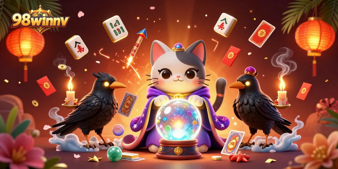 Experience the excitement of 98winnv with a mystical 3D illustration showcasing fortune tellers and vibrant casino elements.