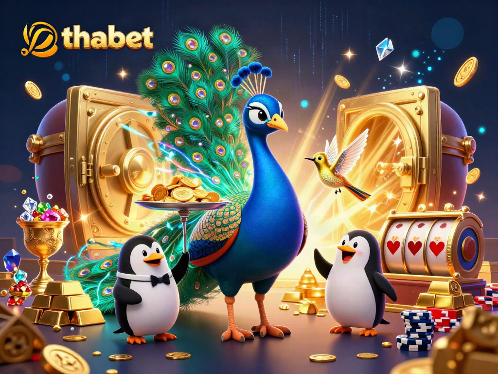 thabet players enjoying a vibrant casino scene with gemstone peacock, poker chips, and golden treasures