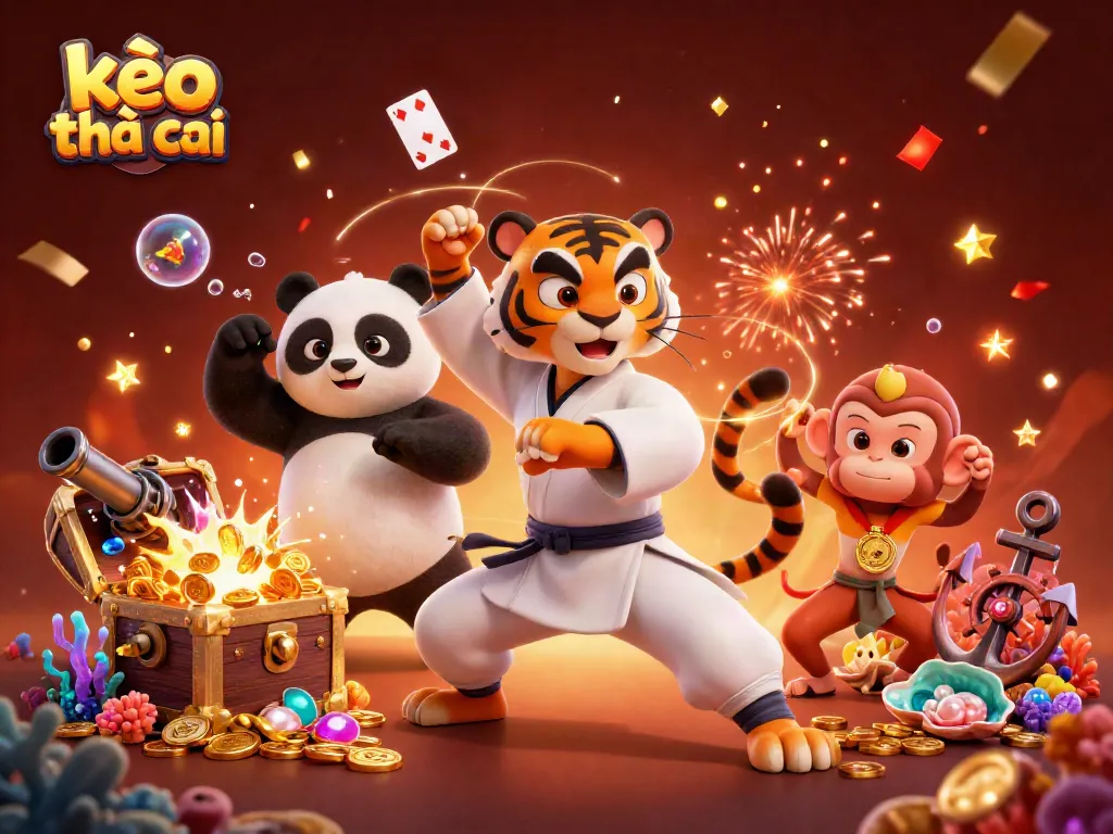 Experience the excitement of kèo nhà cái with an animated scene featuring a kung fu tiger, panda disciple, and monkey stealing gold amidst a vibrant underwater treasure backdrop.