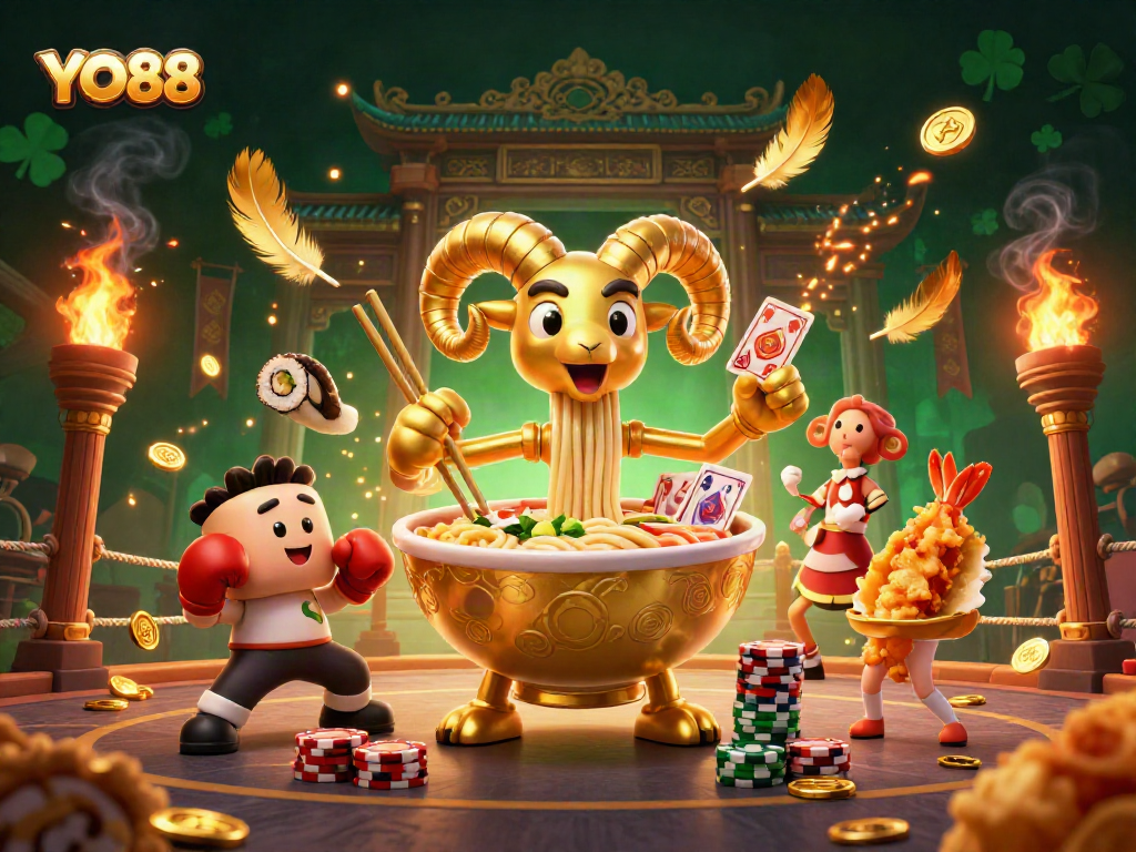 Engage with YO88 as a golden ramen bowl dealer in a vibrant casino atmosphere with colorful characters.