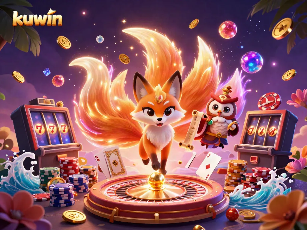 kuwin themed illustration featuring nine-tailed fox spirit, owl sage, and dynamic casino elements creating a vibrant gaming atmosphere
