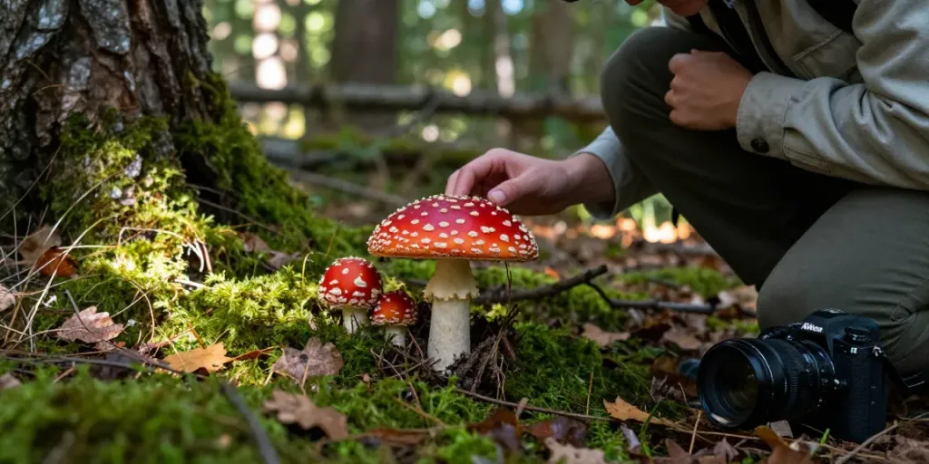 Fliegenpilz kaufen: Person untersucht Amanita muscaria in einem Wald mit natürlichem Licht