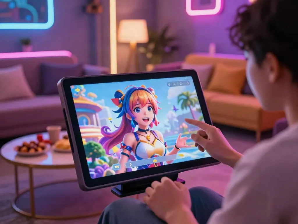 Engaging hentai chat interaction with an anime character on a touchscreen device in a cozy lounge.