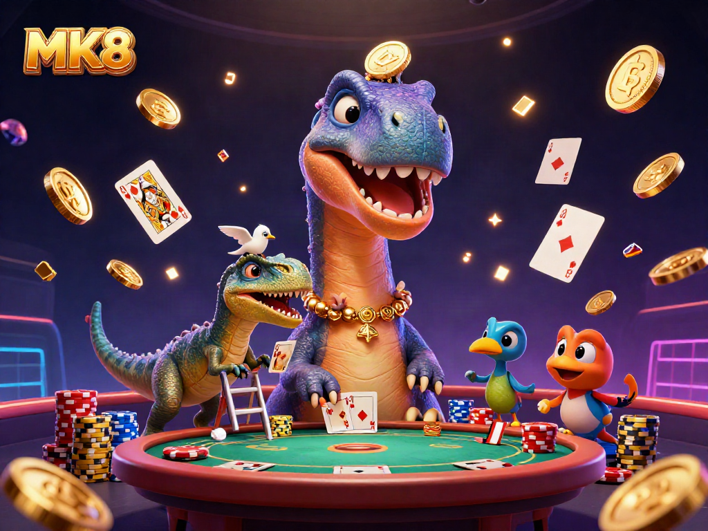 Engage in thrilling MK8 casino gameplay with a dazzling scene filled with colorful poker chips and winning cards.