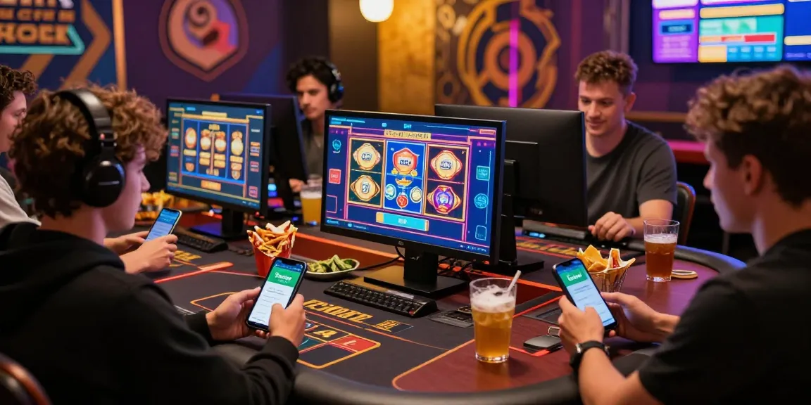 Szenen aus einem Paysafe Card Casino mit verschiedenen Spielern, die Online-Slots und Live-Dealer-Spiele genießen.