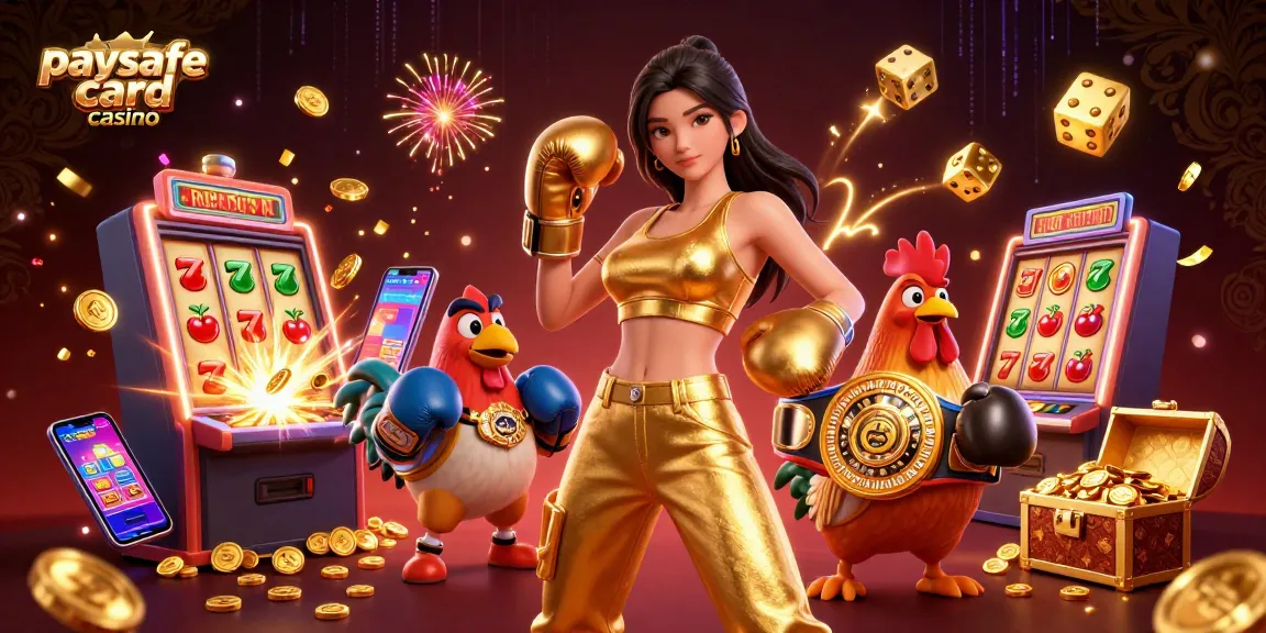 Actionreiche Szene, die ein Paysafe Card Casino mit einer starken Frau und einem Cartoon-Hahn vor lebhaften Casino-Elementen zeigt.