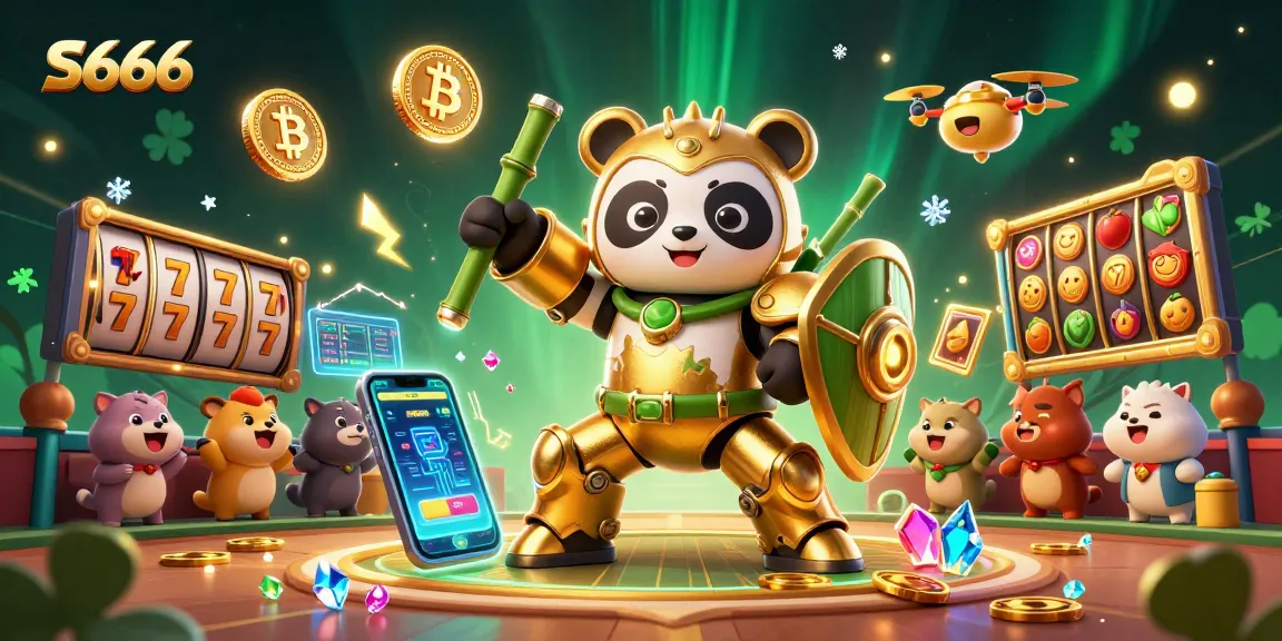 S666 players engaging in a vibrant online casino adventure with colorful slot reels and crypto elements.