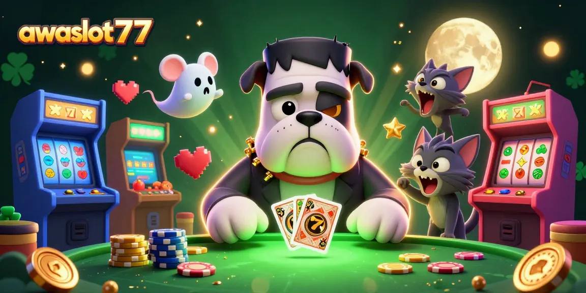 Engage with awslot777's thrilling gaming experience featuring a Frankenstein bulldog and more at a vibrant casino table.