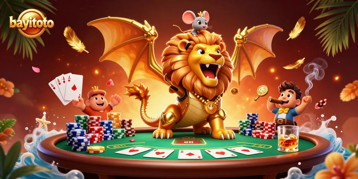 Experience thrills with bayitoto as the chimera triumphs, surrounded by vibrant poker and casino elements.