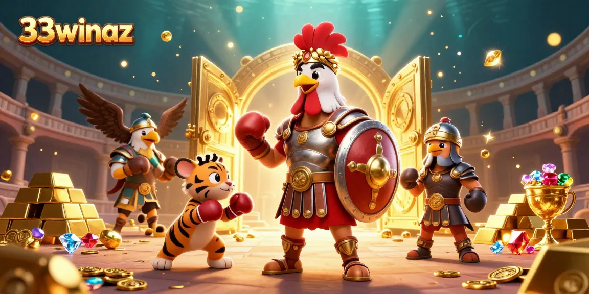 Engage with 33winaz in a vibrant 3D cartoon scene showcasing a gladiator rooster and treasures.