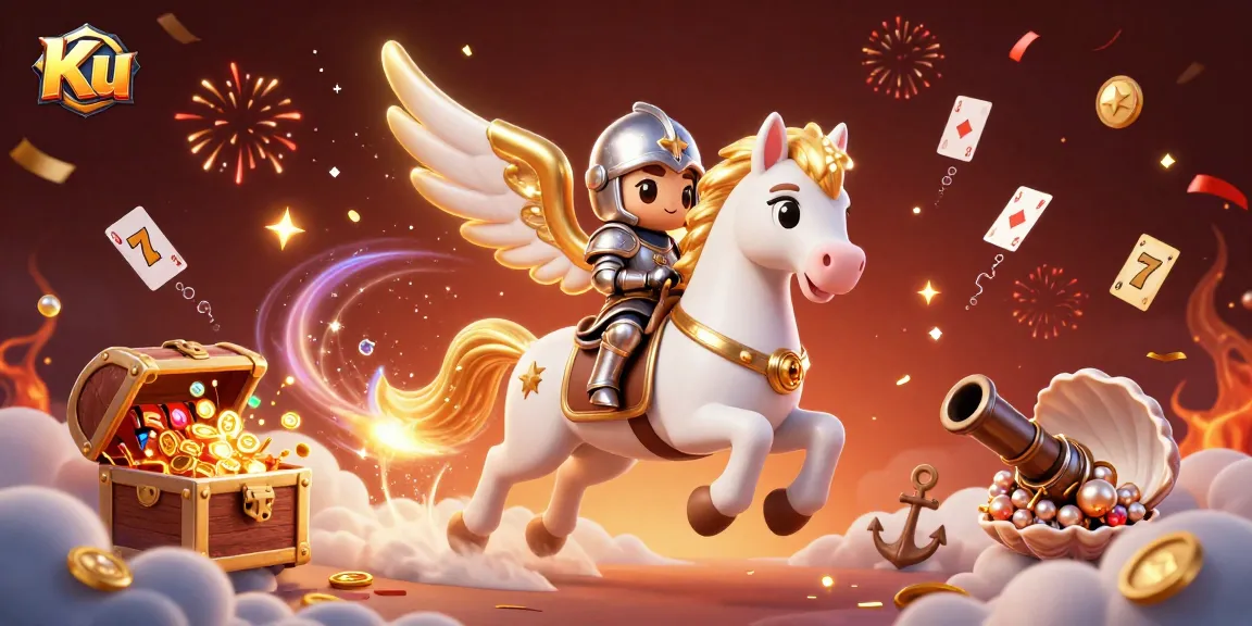 Ku players enjoy high-stakes action with a celestial horse and knight in a vibrant casino illustration