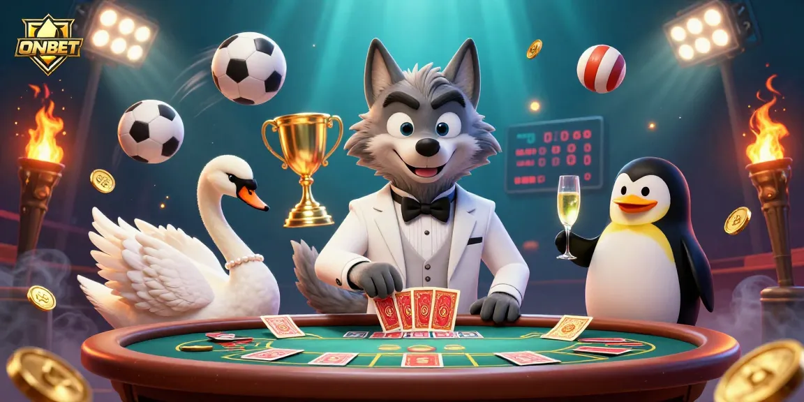 Engage in thrilling gameplay with ONBET featuring a debonair wolf at a baccarat table alongside a swan and penguin sommelier.