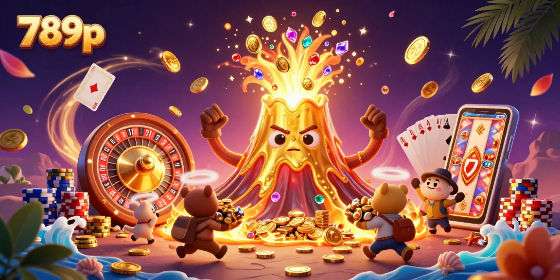 Experience the excitement of 789p's casino games with a vibrant eruption of gold and treasures in a dynamic 3D scene.