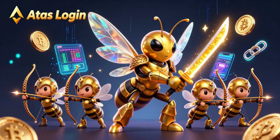 Engage with Atas Login's vibrant 3D scene featuring a golden hornet and crypto elements.