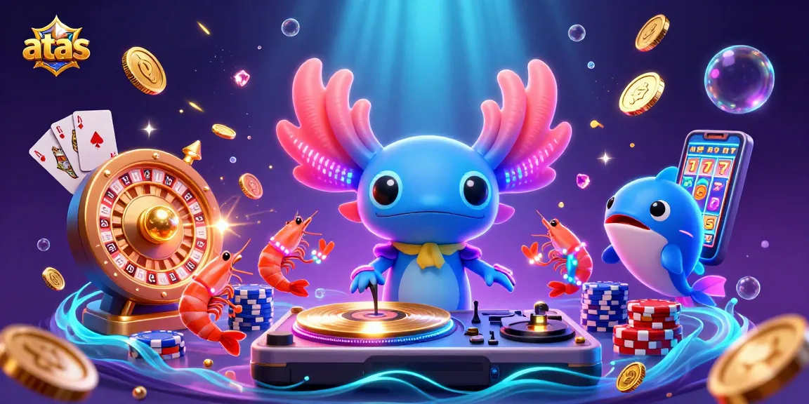 Experience the excitement of the atas casino scene featuring a vibrant neon axolotl DJ and glowing game elements.