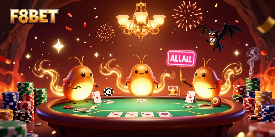 Engage in the vibrant F8BET casino experience with glowing characters at an exciting poker table.