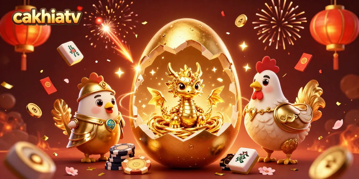 Cakhiatv showcases a golden dragon emerging from poker chips amidst vibrant casino elements, capturing thrilling gaming excitement.