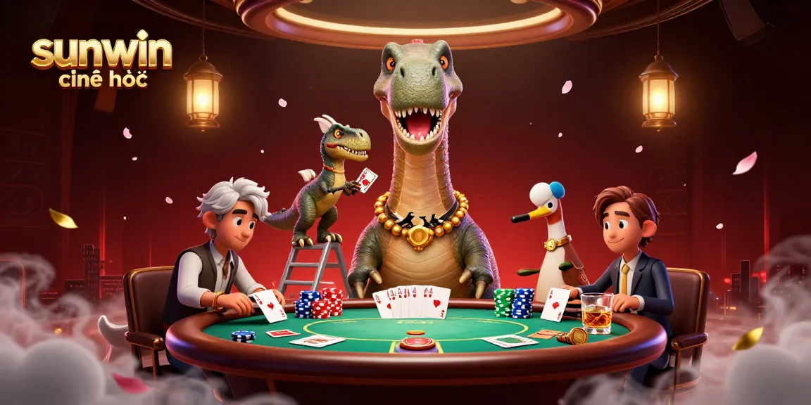 Experience the excitement of sunwin chính thức as a brontosaurus surveys a poker table below.