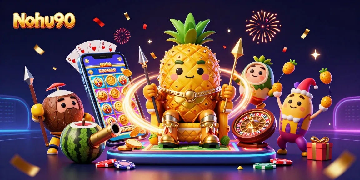 Nohu90 offers an exciting casino experience featuring the pineapple king and vibrant slot game elements.