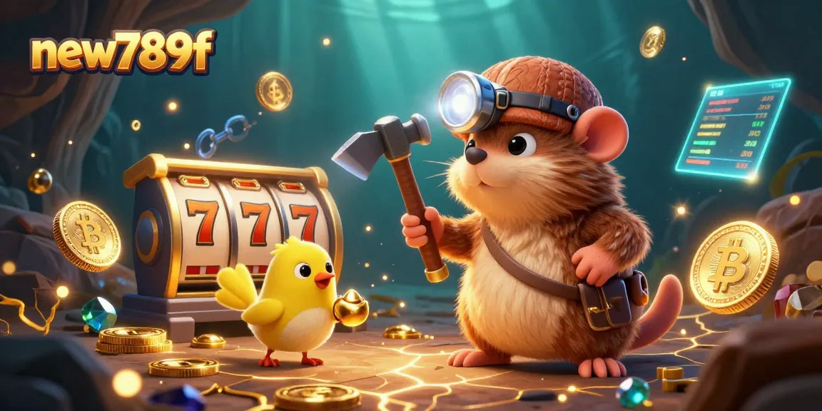 Engage with new789f's 3D casino scene featuring a treasure hunter mole and canary among slot reels and coins.