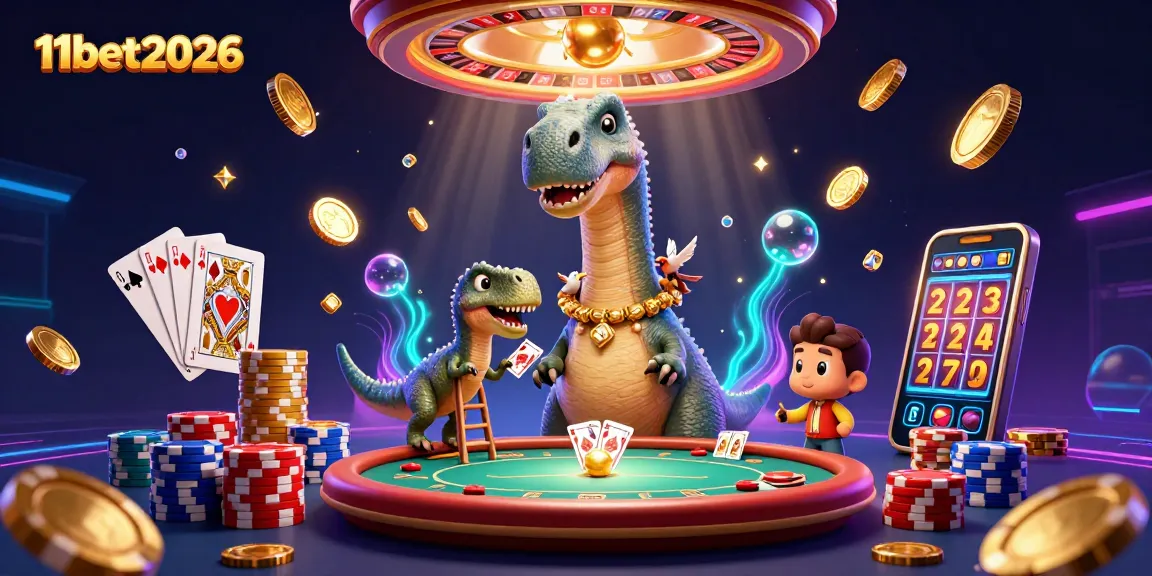 Engage with 11bet2026's thrilling gambling adventure featuring fun dinosaurs and casino elements.