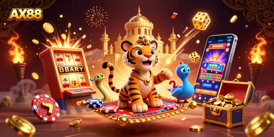 Experience the excitement of AX88 slots with vibrant jackpot lights and magical characters.