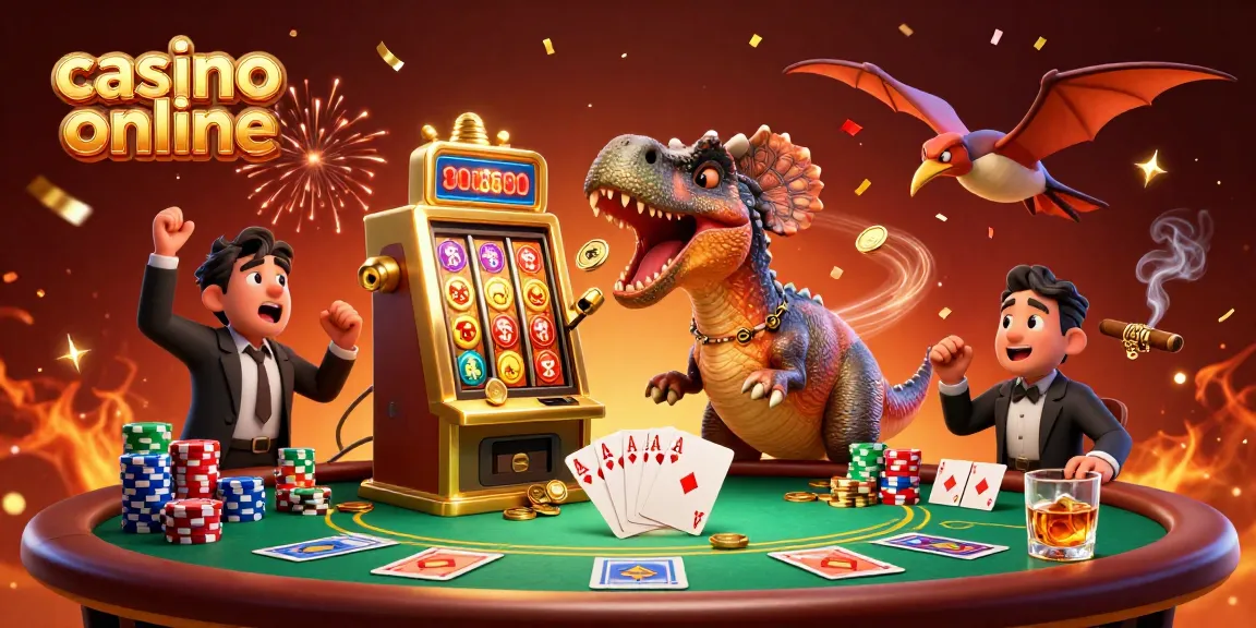 Witness a captivating casino online scene with a dino celebrating slot machine wins.