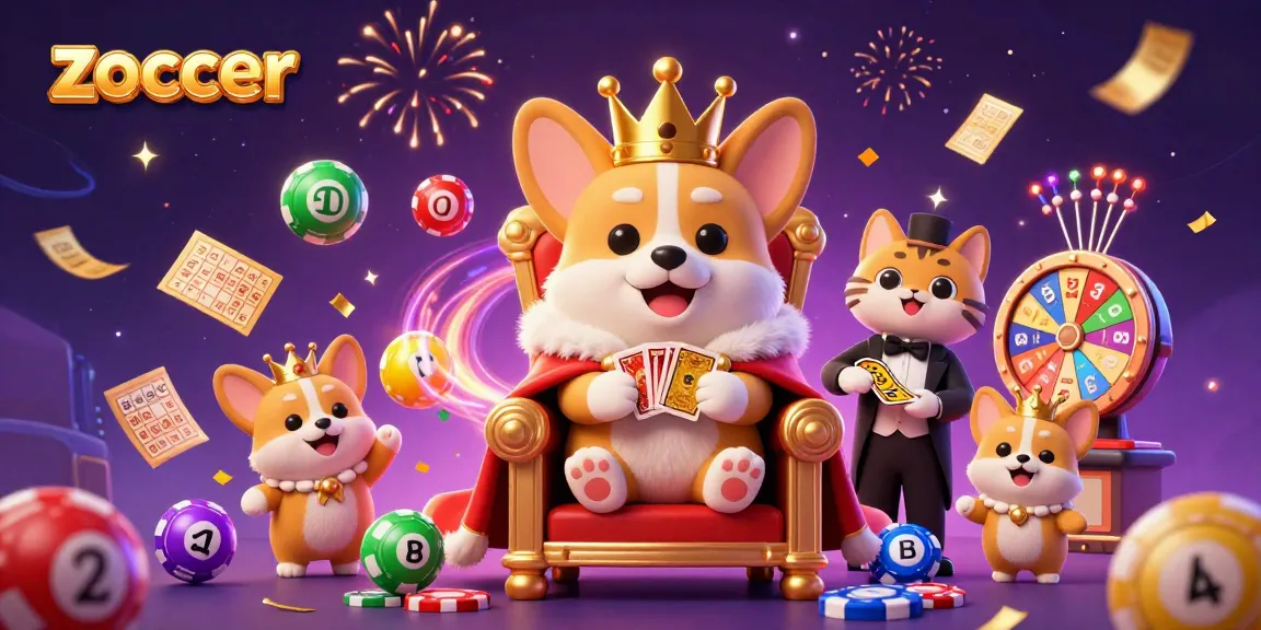 Zoccer showcases a lively gaming scene with a royal corgi on a throne surrounded by colorful gaming elements.